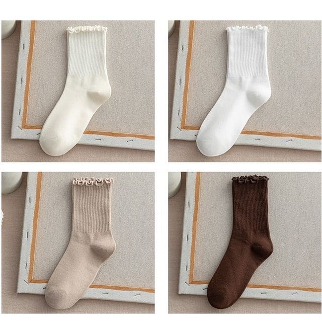 Frill Trim Plain Socks Set - Set Of 4 - Milky White & White