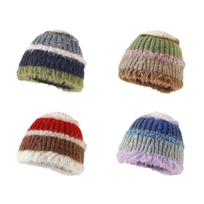 Fringed Color Block Knit Beanie