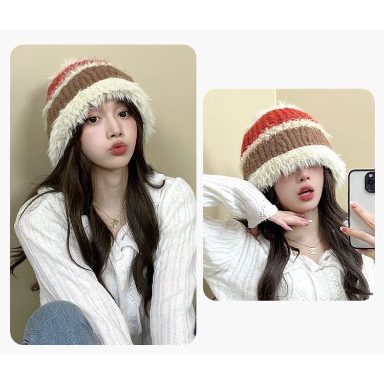 Fringed Color Block Knit Beanie