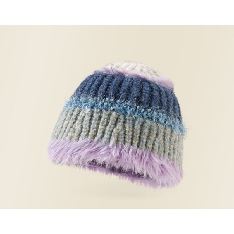 Fringed Color Block Knit Beanie