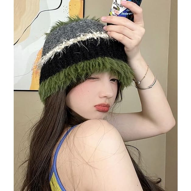 Fringed Color Block Knit Beanie