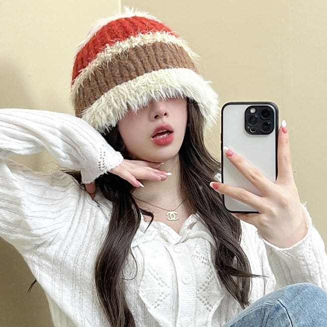 Fringed Color Block Knit Beanie