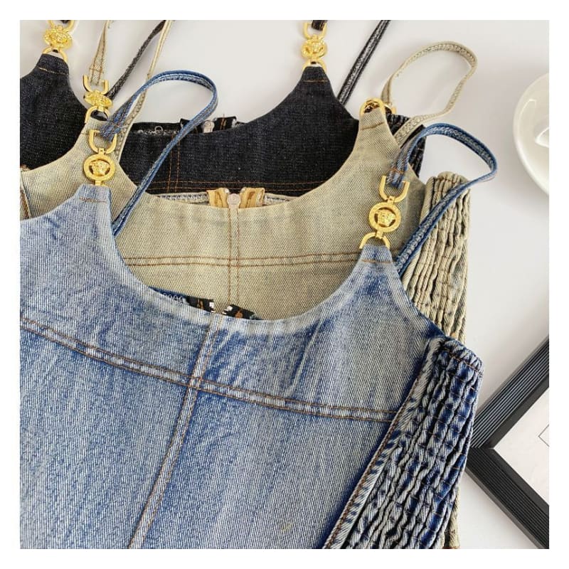 Fringed Denim Crop Cami Top