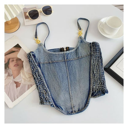 Fringed Denim Crop Cami Top