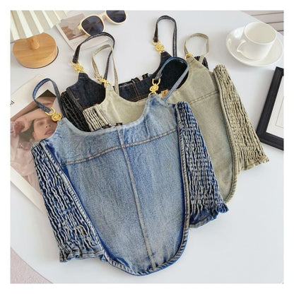 Fringed Denim Crop Cami Top