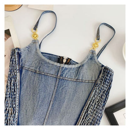 Fringed Denim Crop Cami Top