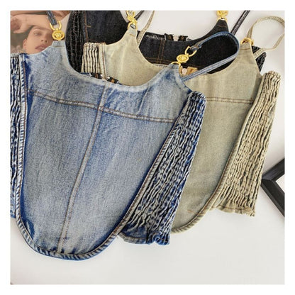 Fringed Denim Crop Cami Top