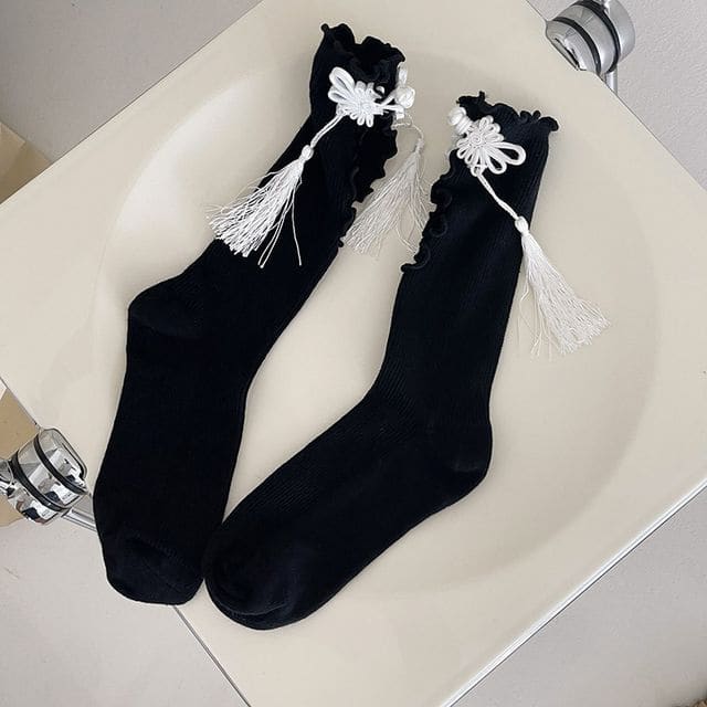 Frog-Button Cutout Socks - White Frog-Button - Black