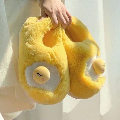 Frog Fluffy Slippers - High-back - Egg - Yellow / 36 to 37