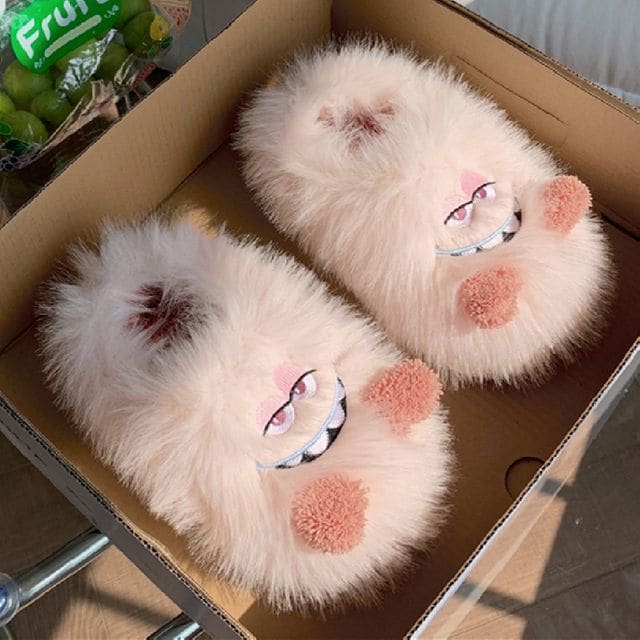 Frog Fluffy Slippers - High-back - Pink Eyes Face - Pink