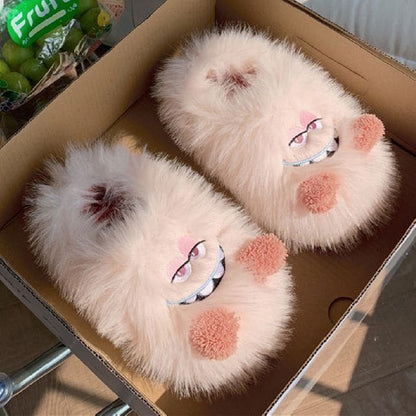 Frog Fluffy Slippers - High-back - Pink Eyes Face - Pink