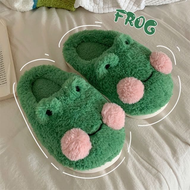 Frog Fluffy Slippers - Low-back - Frog - Green / 36 to 37