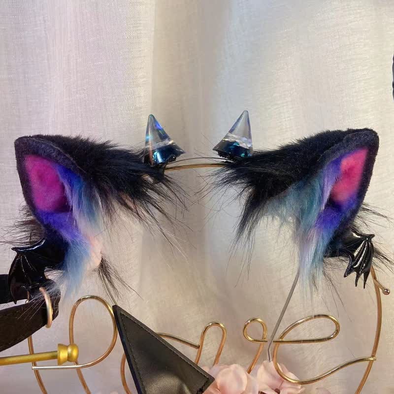 Furry Devil Fox Ears Tail Headband Accessory - Headwear