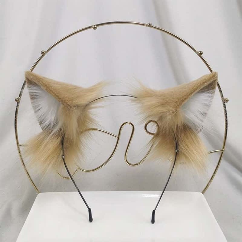 Furry Kitty Ears Tail Headband Accessory - Headwear