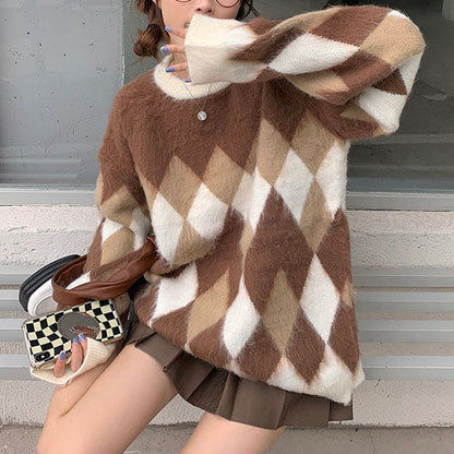 Fuzzy Argyle Sweater - Sweater