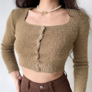 Fuzzy Buttons Cropped Cardigan - Cardigan