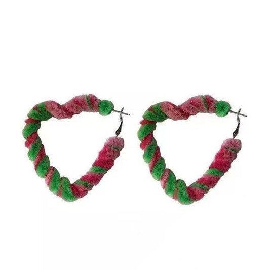 Fuzzy Heart Hoop Earrings - Standart / Green/pink - earrings