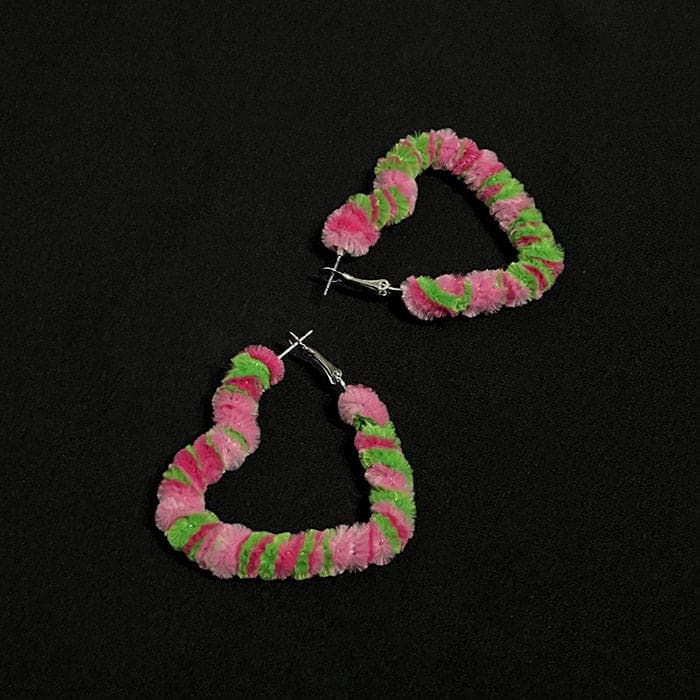 Fuzzy Heart Hoop Earrings - Standart / Green/pink - earrings