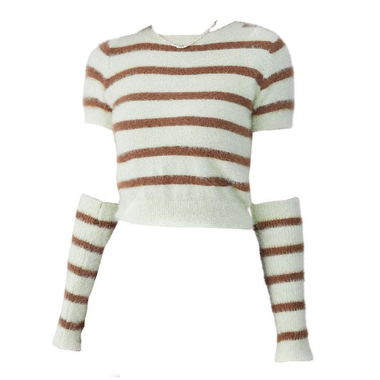 Fuzzy Striped Top and Gloves Set - Free Size / Beige