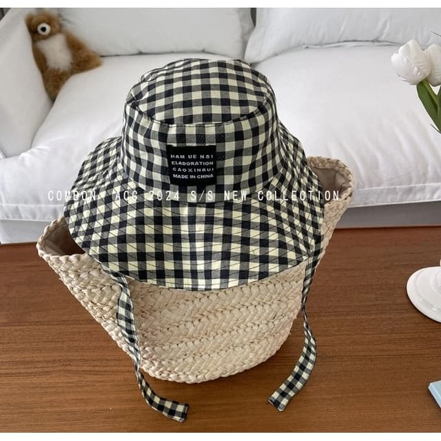 Gingham Applique Bucket Hat - Plaid - Black & White