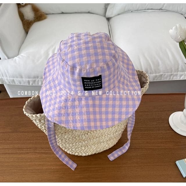 Gingham Applique Bucket Hat - Plaid - Pink & Purple