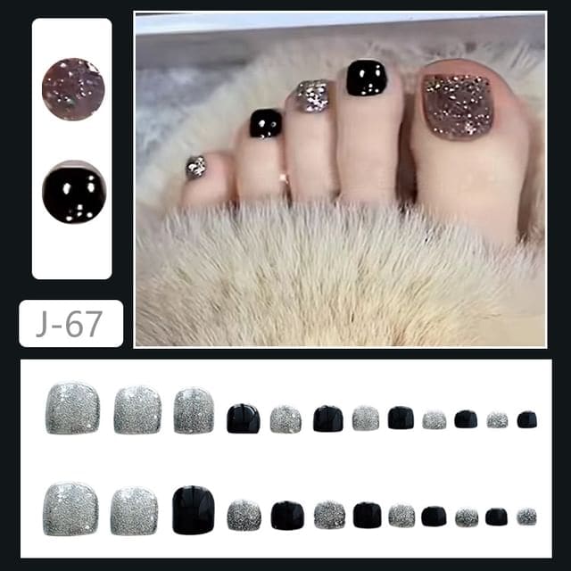 Glitter Press On Toenail - J67 - Glue - Black & Silver