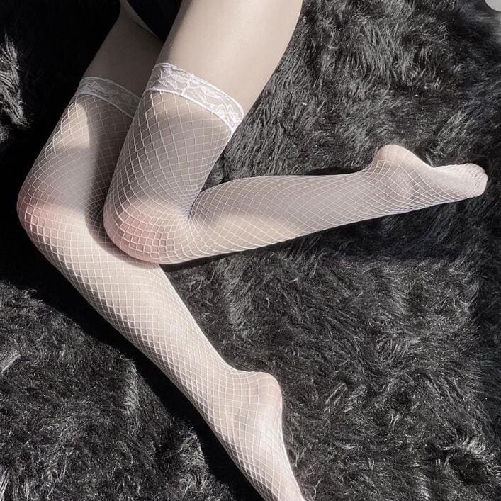 Gothic Black/White Fishnet Stockings MK14430 - White - socks