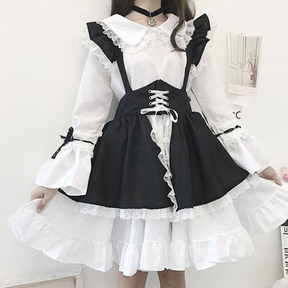 Gothic Bow Tie Lolita Maid Costume Dress - Long Sleeve / S