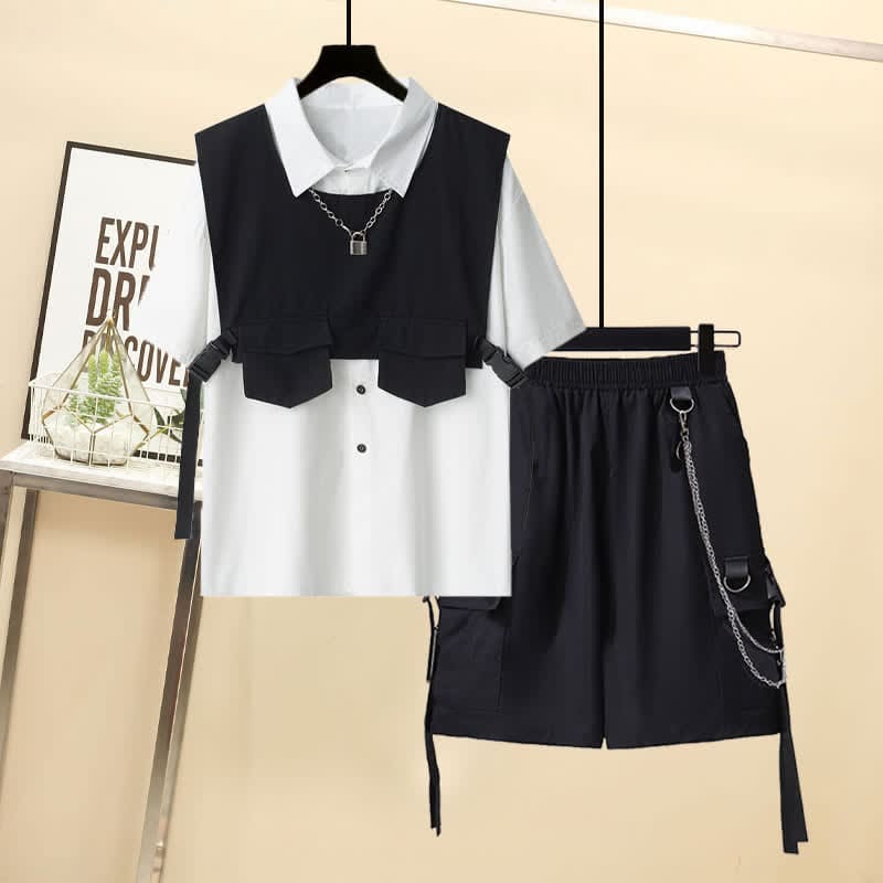 Gothic Buckle Pocket Vest Lapel T-Shirt Chain Cargo Shorts