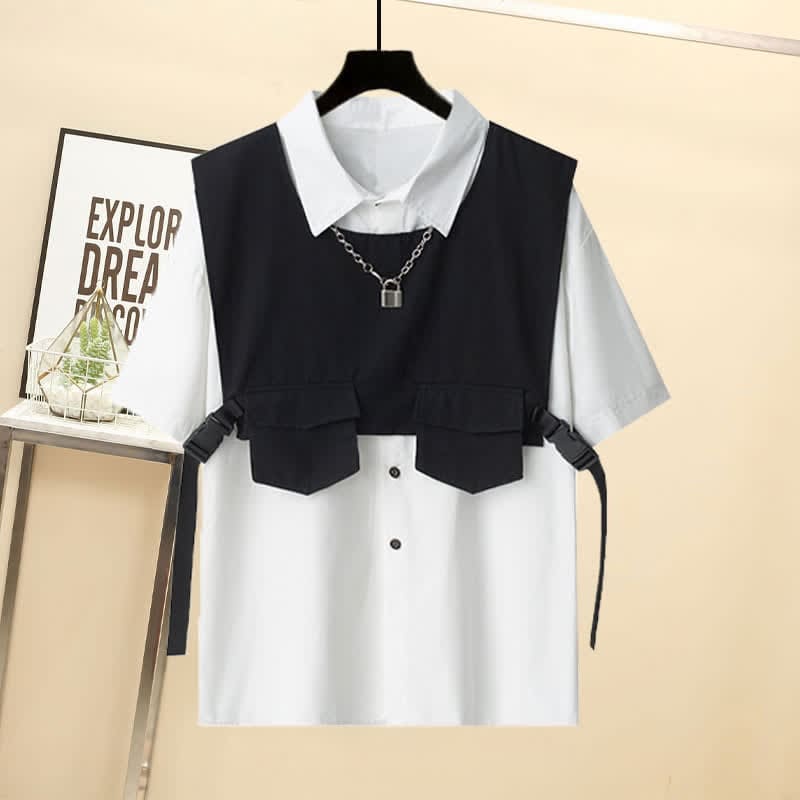 Gothic Buckle Pocket Vest Lapel T-Shirt Chain Cargo Shorts