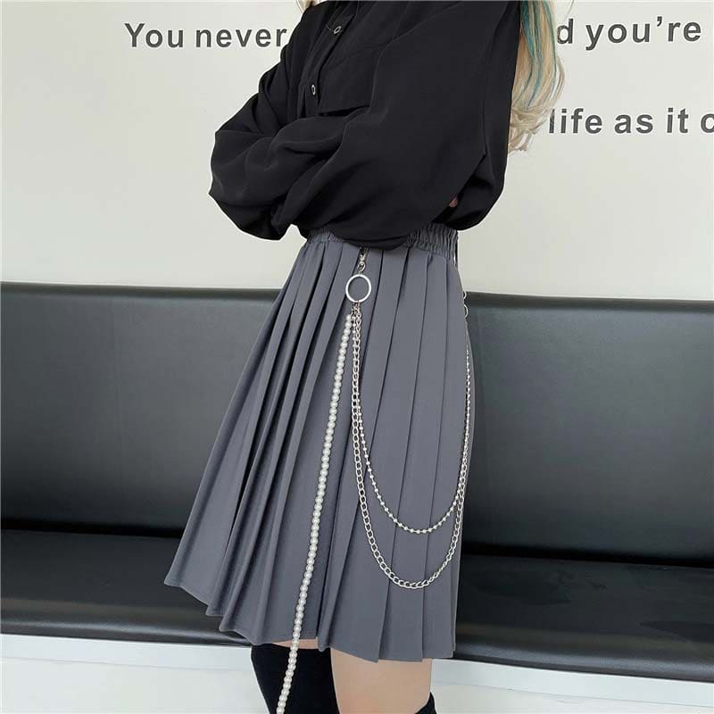 Gothic Chain Pure Color Pleated Skirt