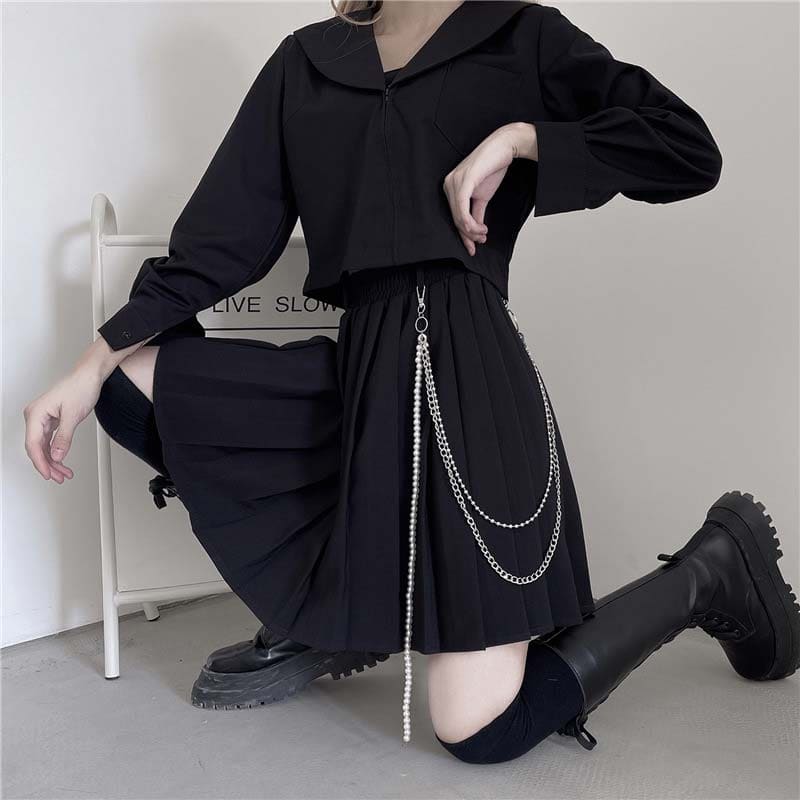 Gothic Chain Pure Color Pleated Skirt