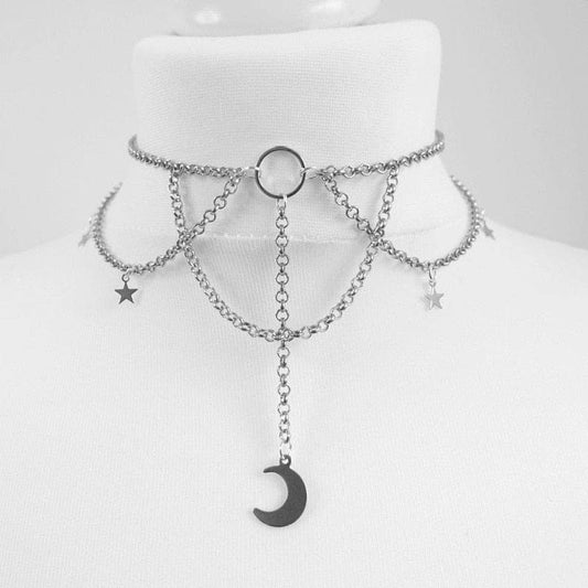 Gothic Crescent Moon and Stars Choker Witch Punk Necklace