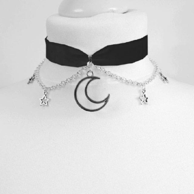 Gothic Crescent Moon and Stars Choker Witch Punk Necklace