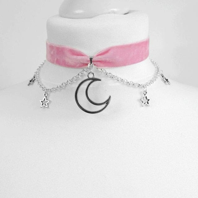 Gothic Crescent Moon and Stars Choker Witch Punk Necklace