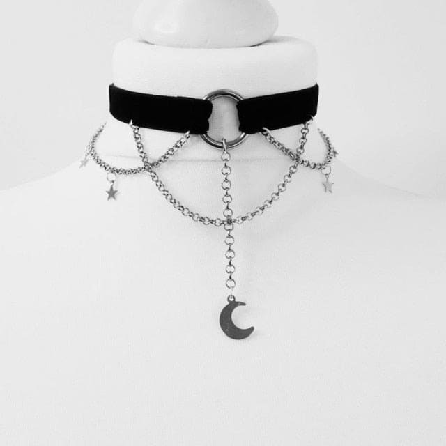 Gothic Crescent Moon and Stars Choker Witch Punk Necklace