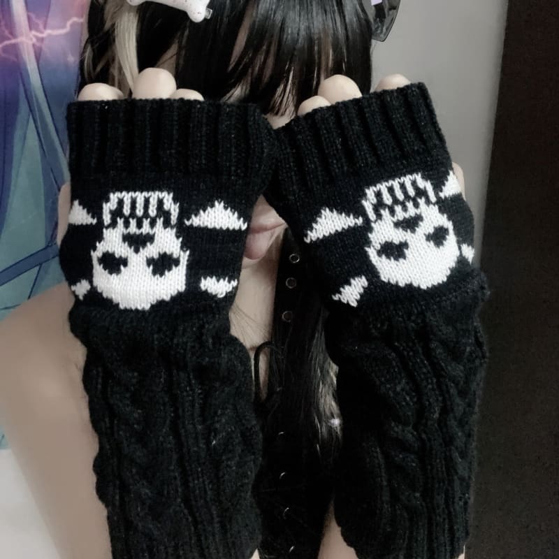 Gothic Harajuku Punk Black Skull Half Finger Long Gloves