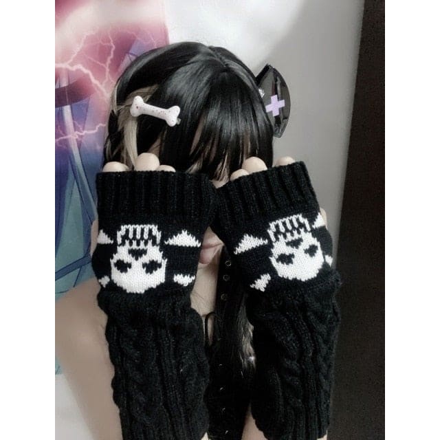 Gothic Harajuku Punk Black Skull Half Finger Long Gloves