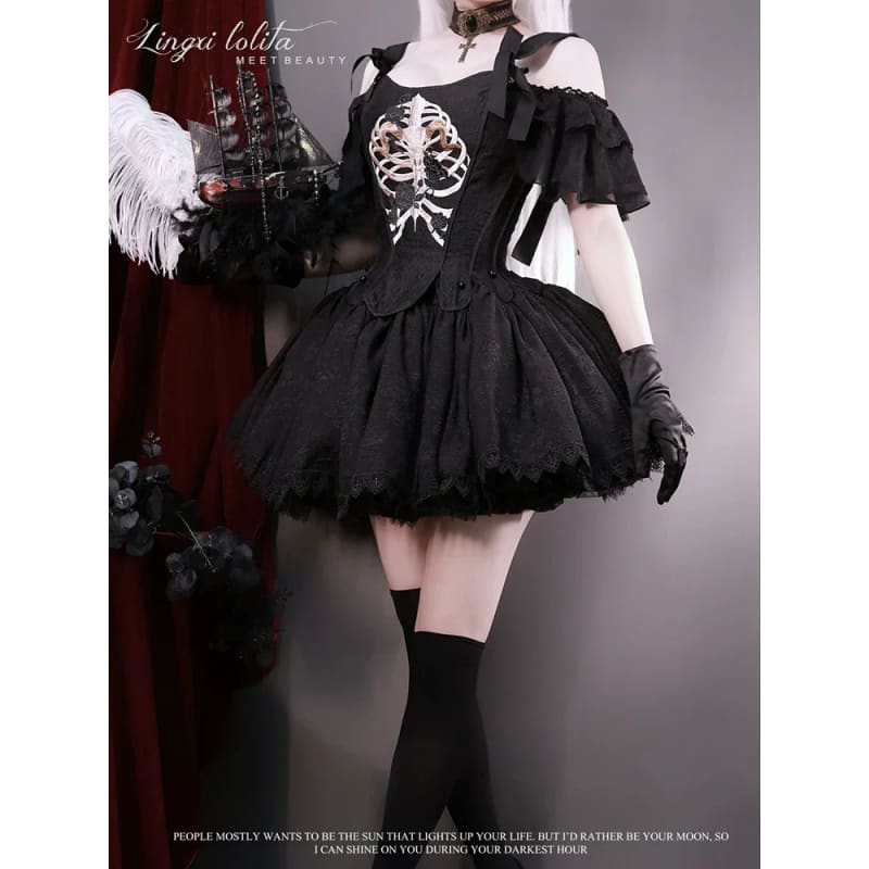 (BFM)Lingxi Lolita~Bone island Gothic Lolita Corset Goth Blouse Skirt Set   