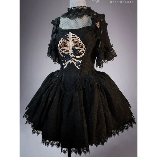 (BFM)Lingxi Lolita~Bone island Gothic Lolita Corset Goth Blouse Skirt Set   