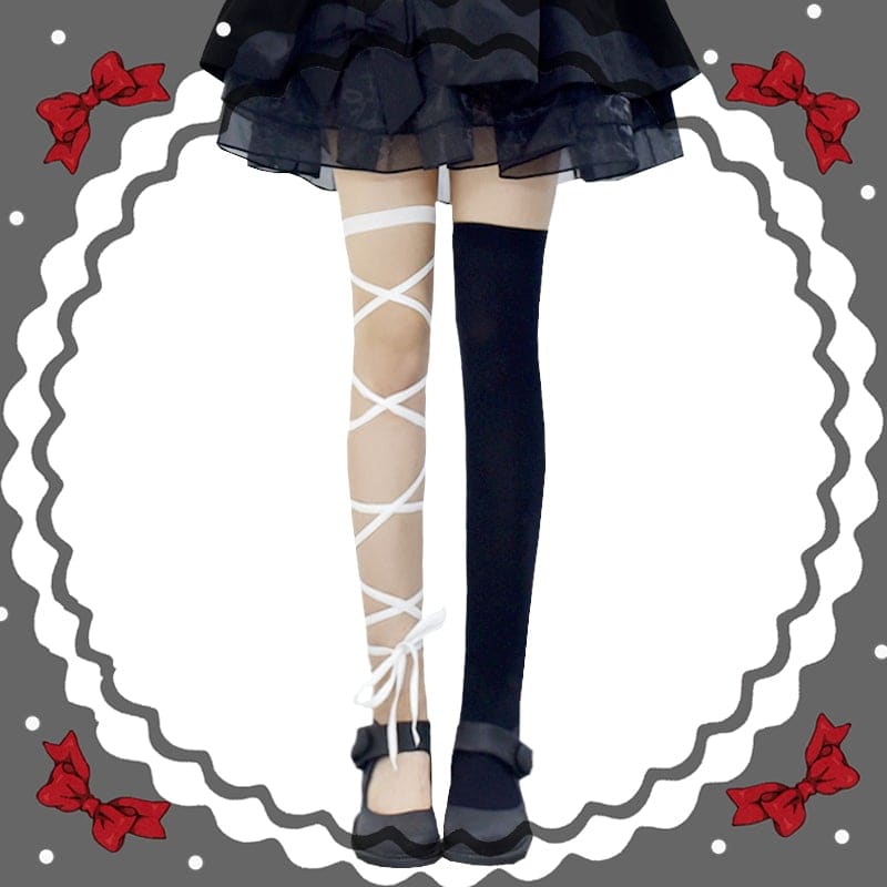 Gothic Lolita Cross Asymmetrical Strap Tight Knee Socks