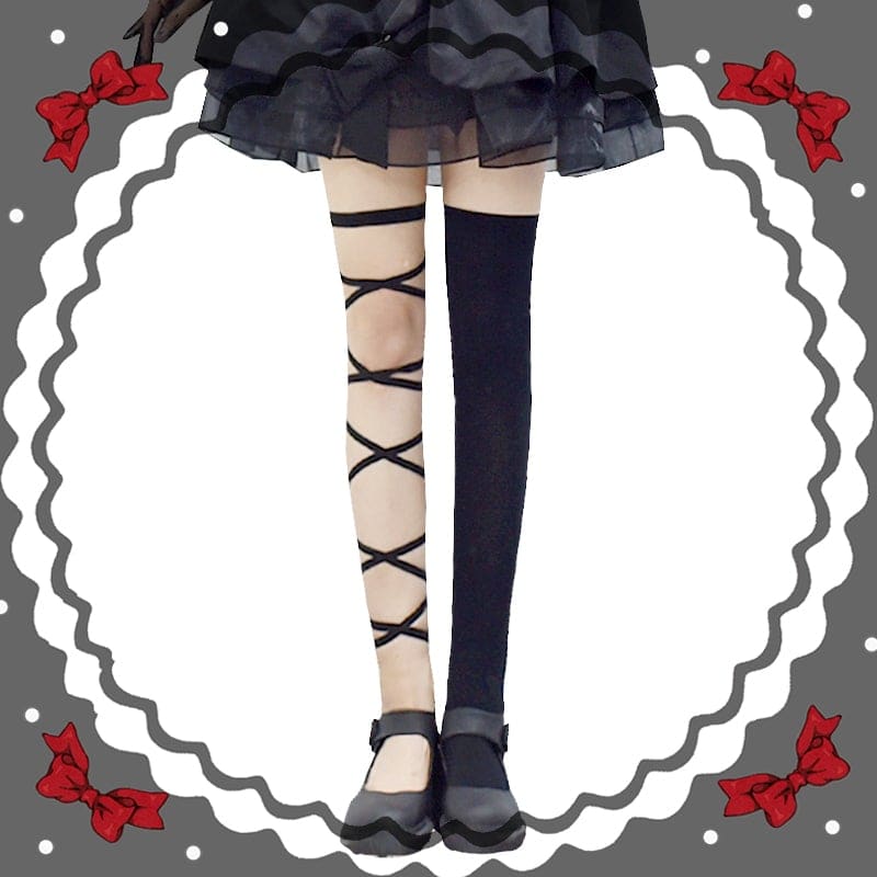 Gothic Lolita Cross Asymmetrical Strap Tight Knee Socks