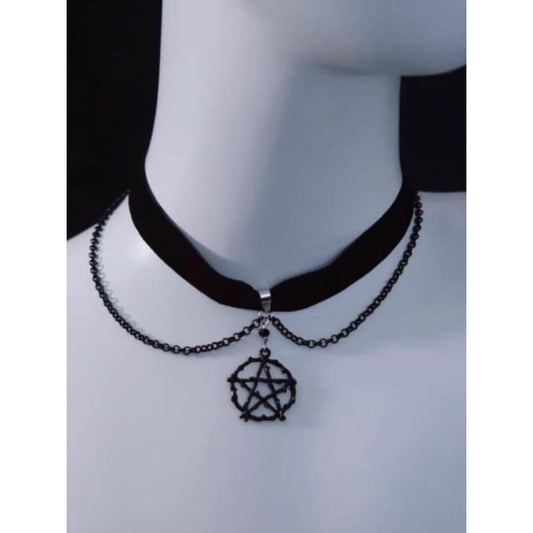 Gothic Pentagram Black Velvet Choker with Chains - Black