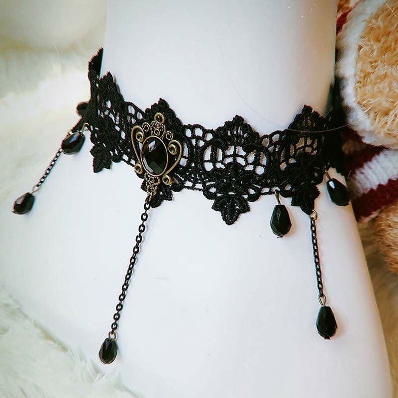 Gothic Punk Retro Lace Crystal Lolita Chocker - D / One Size