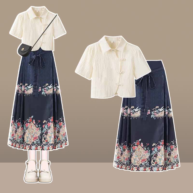 Graceful Hanfu Buckle T-Shirt Lace Up Graghic Print Pleated