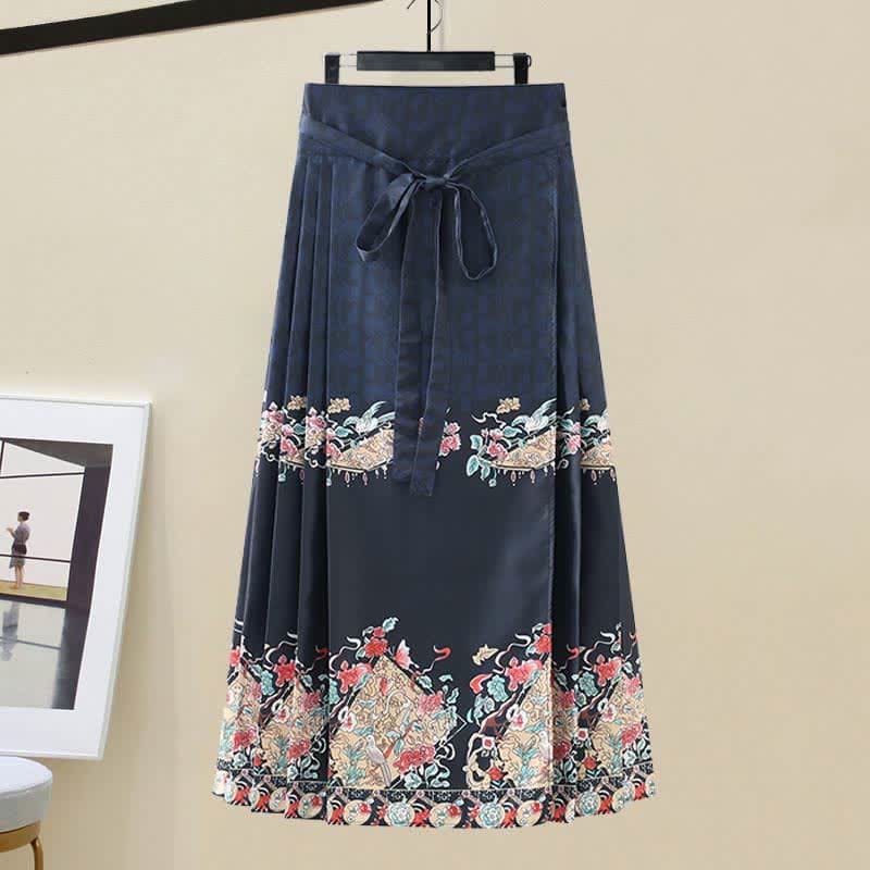 Graceful Hanfu Buckle T-Shirt Lace Up Graghic Print Pleated