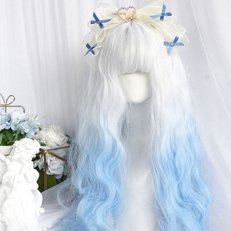 Gradient Blue Long Straight Curly Wig With Bangs - Curly