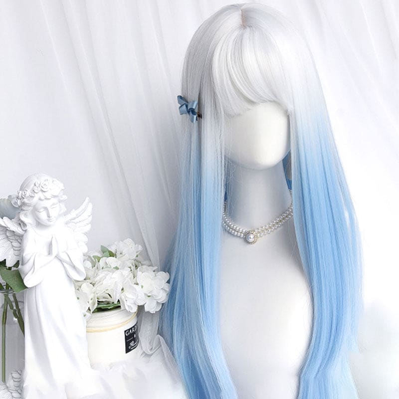 Gradient Blue Long Straight Curly Wig With Bangs - Straight