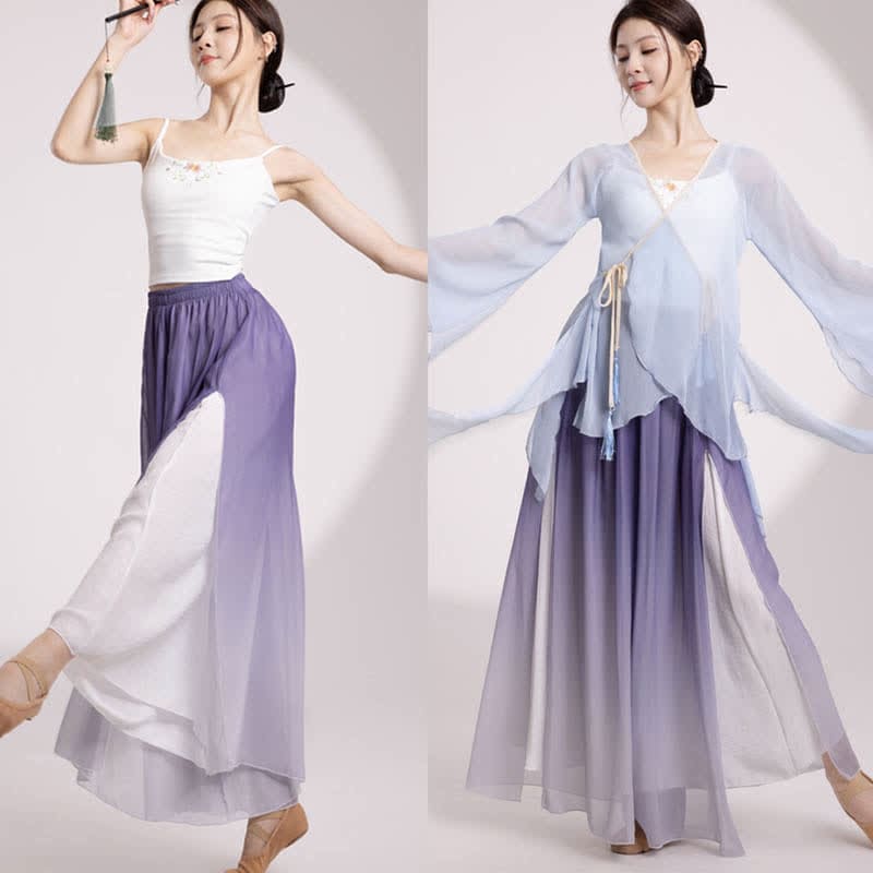 Gradient Color Chiffon Flowy Split Wide Leg Pants