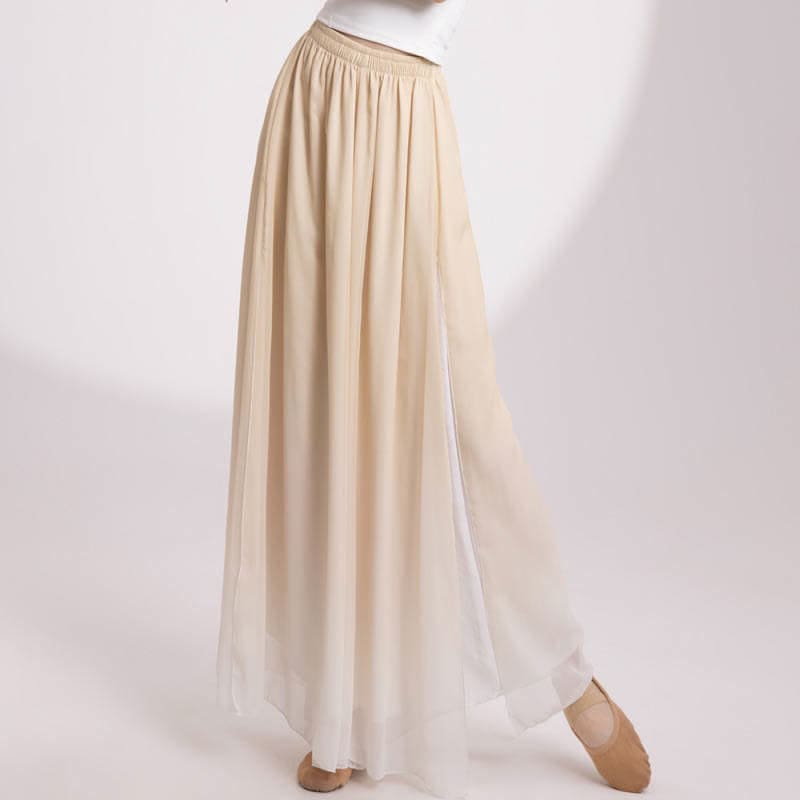 Gradient Color Chiffon Flowy Split Wide Leg Pants - Beige